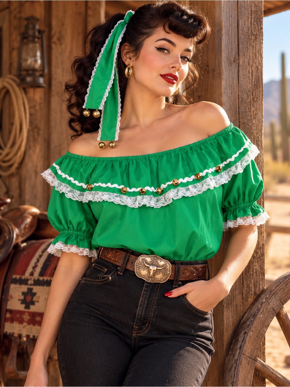 Vintage Rockmount Tru-West Green Western Peasant Blouse Matching Belt 70s 80s